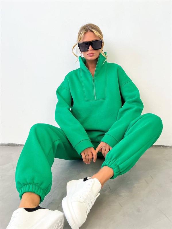 Damen Oversize-Halbzip-Lounge-Set aus schwerem French-Terry mit hohem Stehkragen Drune