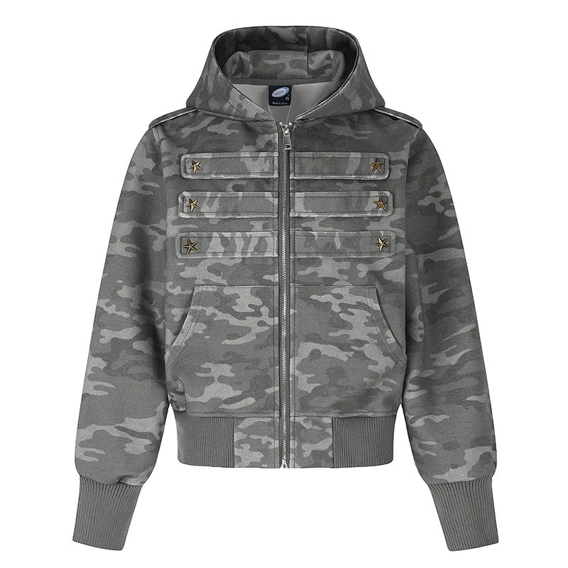 Damen Kurz geschnittene Kapuzen-Sweatjacke im Military-Camo mit dekorativen Stern‑Strapdetails Drune