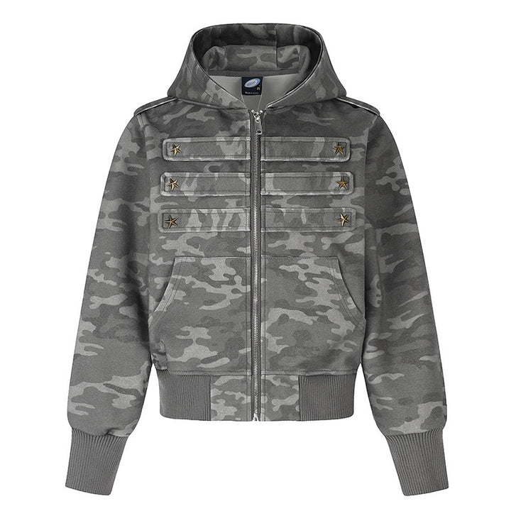 Damen Kurz geschnittene Kapuzen-Sweatjacke im Military-Camo mit dekorativen Stern‑Strapdetails Drune