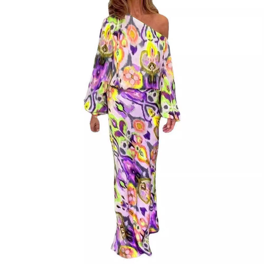 Damen Maxikleid mit asymmetrischer Ein-Schulter, fließendem Satin und Glockenärmeln Drune