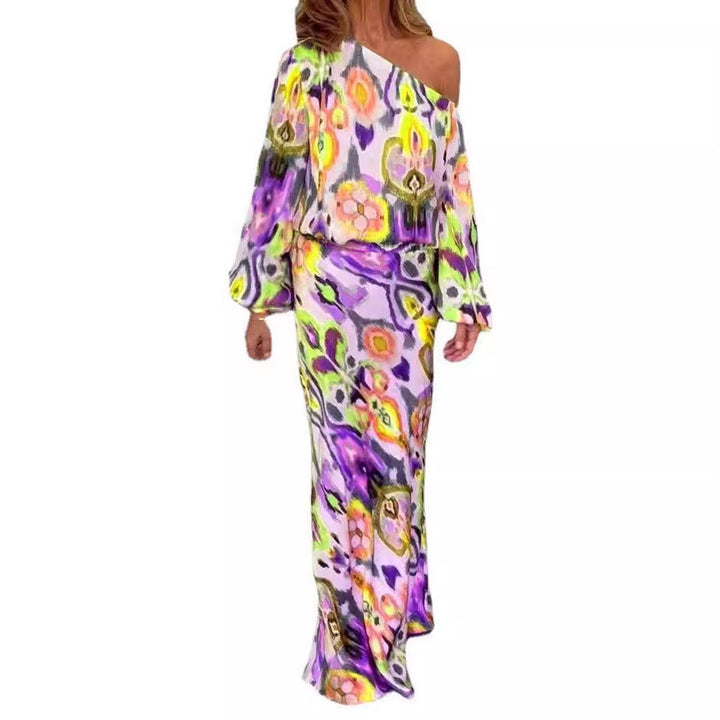 Damen Maxikleid mit asymmetrischer Ein-Schulter, fließendem Satin und Glockenärmeln Drune