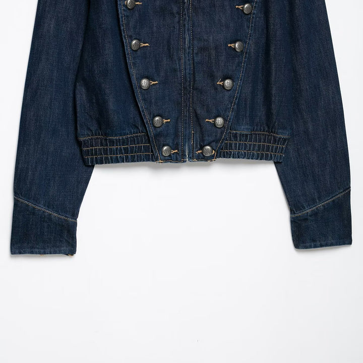 Damen Cropped Denim-Fieldjacke mit dekorischer Doppelreihe und Stehkragen Drune