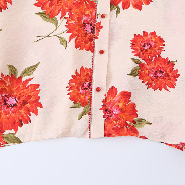 Damen Oversize-Bluse mit Blumenprint, durchgehender Knopfleiste und Dreiviertelärmeln Drune