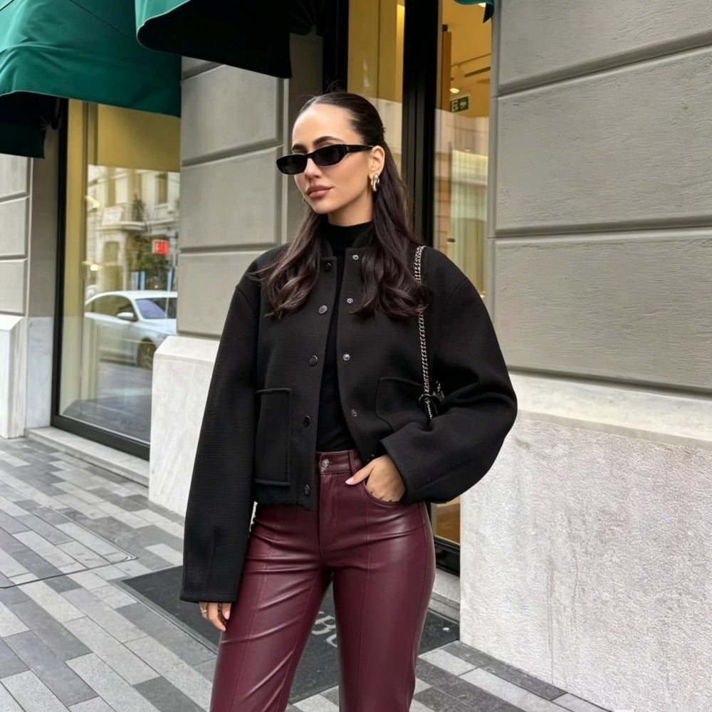 Damen Cropped Wollboxy‑Jacke mit kurzem Stehkragen und aufgesetzten Taschen Drune