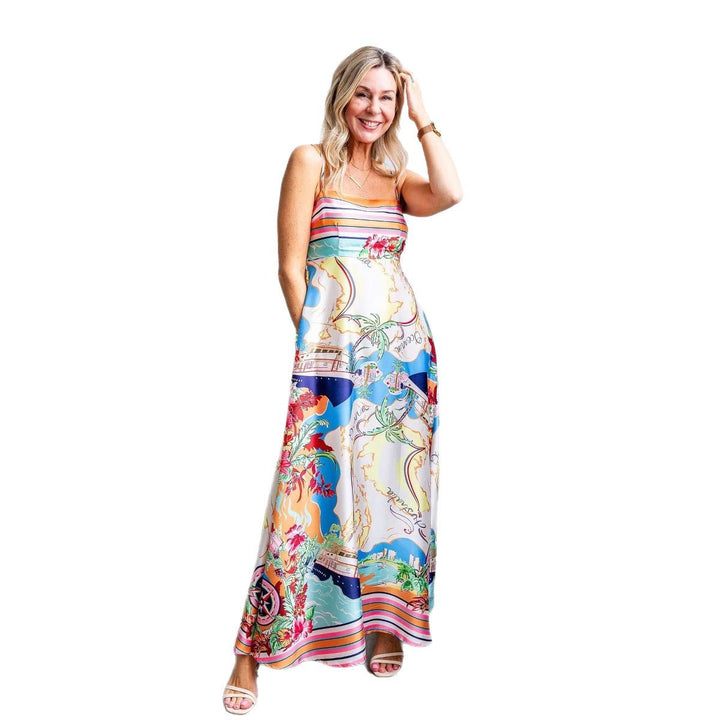 Damen Sommerliches Maxikleid mit auffälligem Grafikdesign und Spaghettiträgern Drune