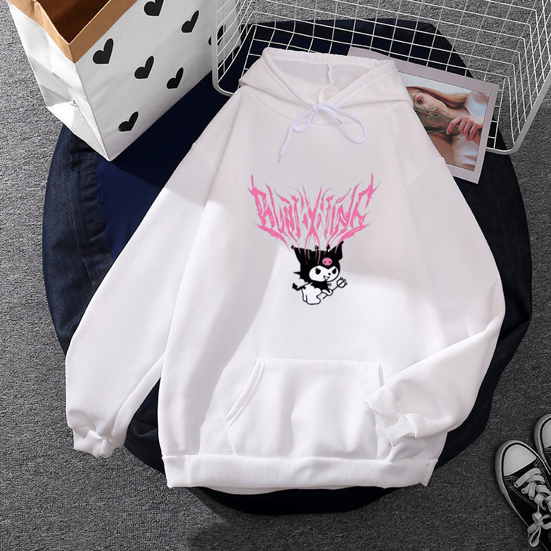 Damen nan lockeres Kapuzensweatshirt aus angerautem Fleece mit Kängurutasche und kawaii-Charakter-Print Drune