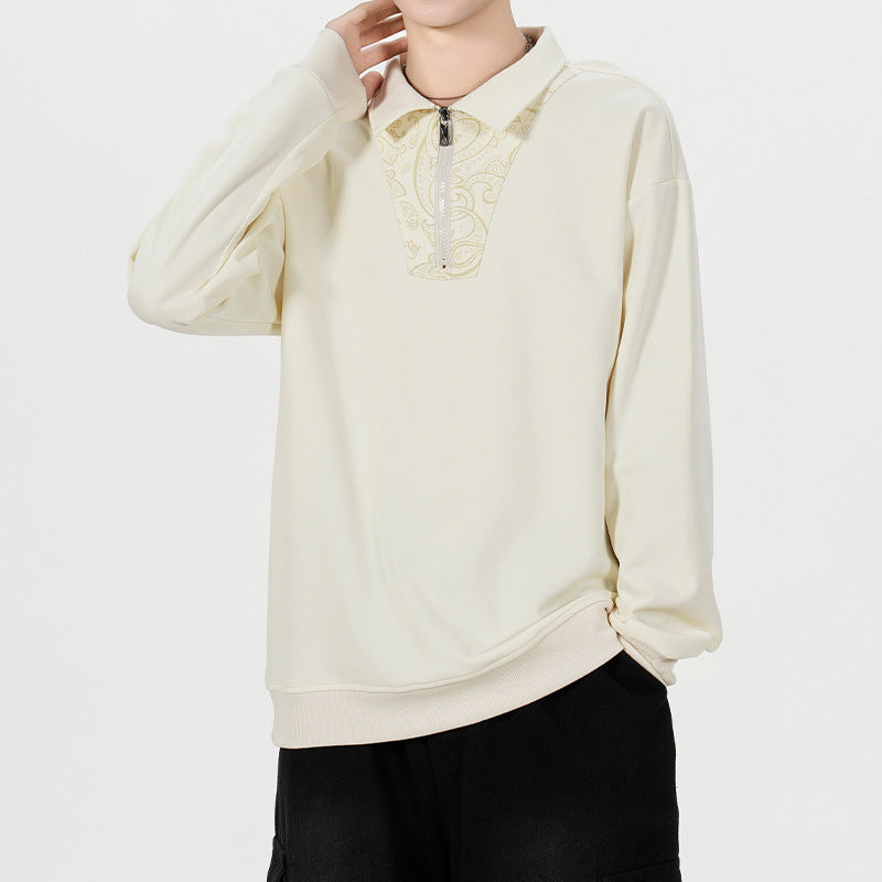 Herren Lockeres Sweatshirt mit Polokragen, halbem Reißverschluss und Paisley-Besatz Drune