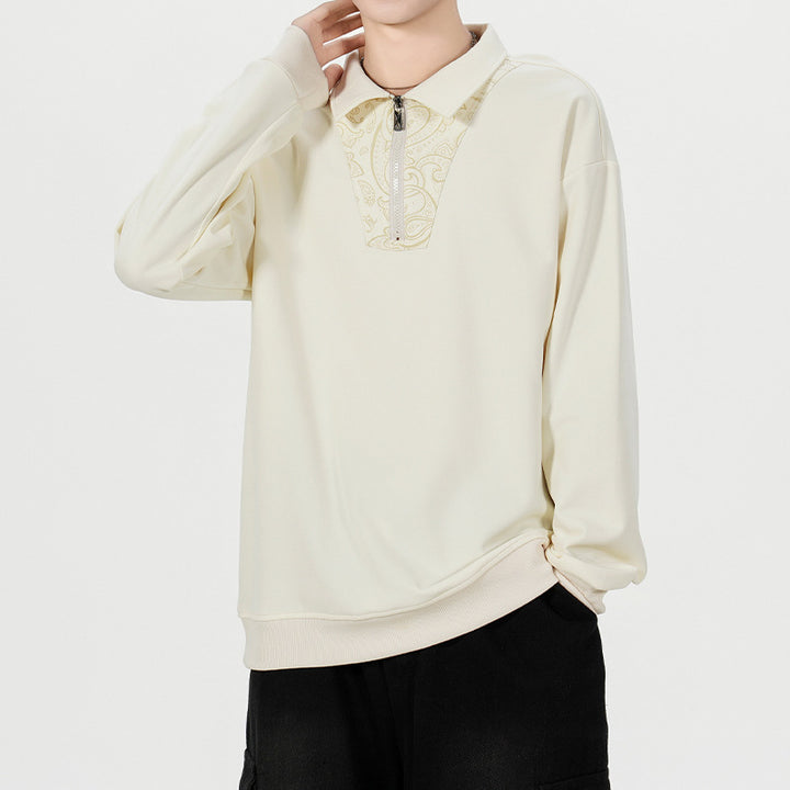 Herren Lockeres Sweatshirt mit Polokragen, halbem Reißverschluss und Paisley-Besatz Drune