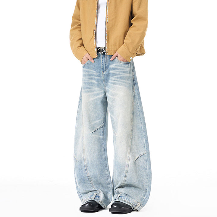 Herren Weitfallende Denim-Palazzo‑Hose mit skulpturalen Nahtpaneelen und bodenlangem Saum Drune