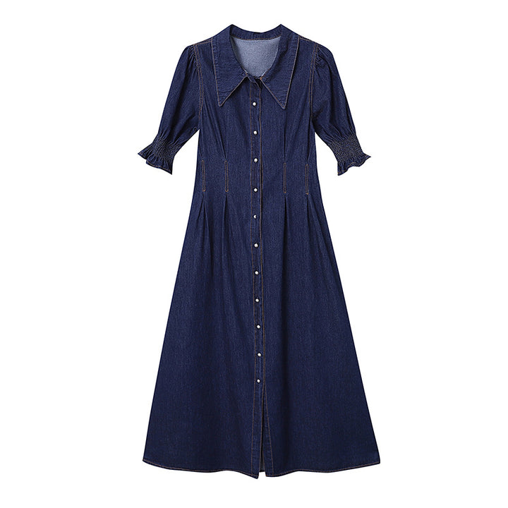 Damen Denim-Midikleid mit voluminösen Ärmeln und Knopfdetails Drune