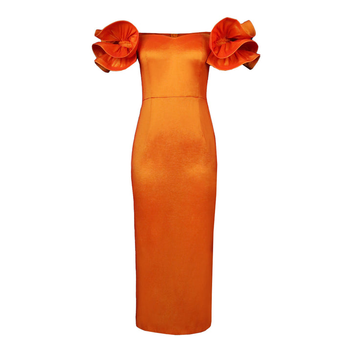 Damen figurbetontes Abendkleid mit voluminösen Rüschenträgern Drune