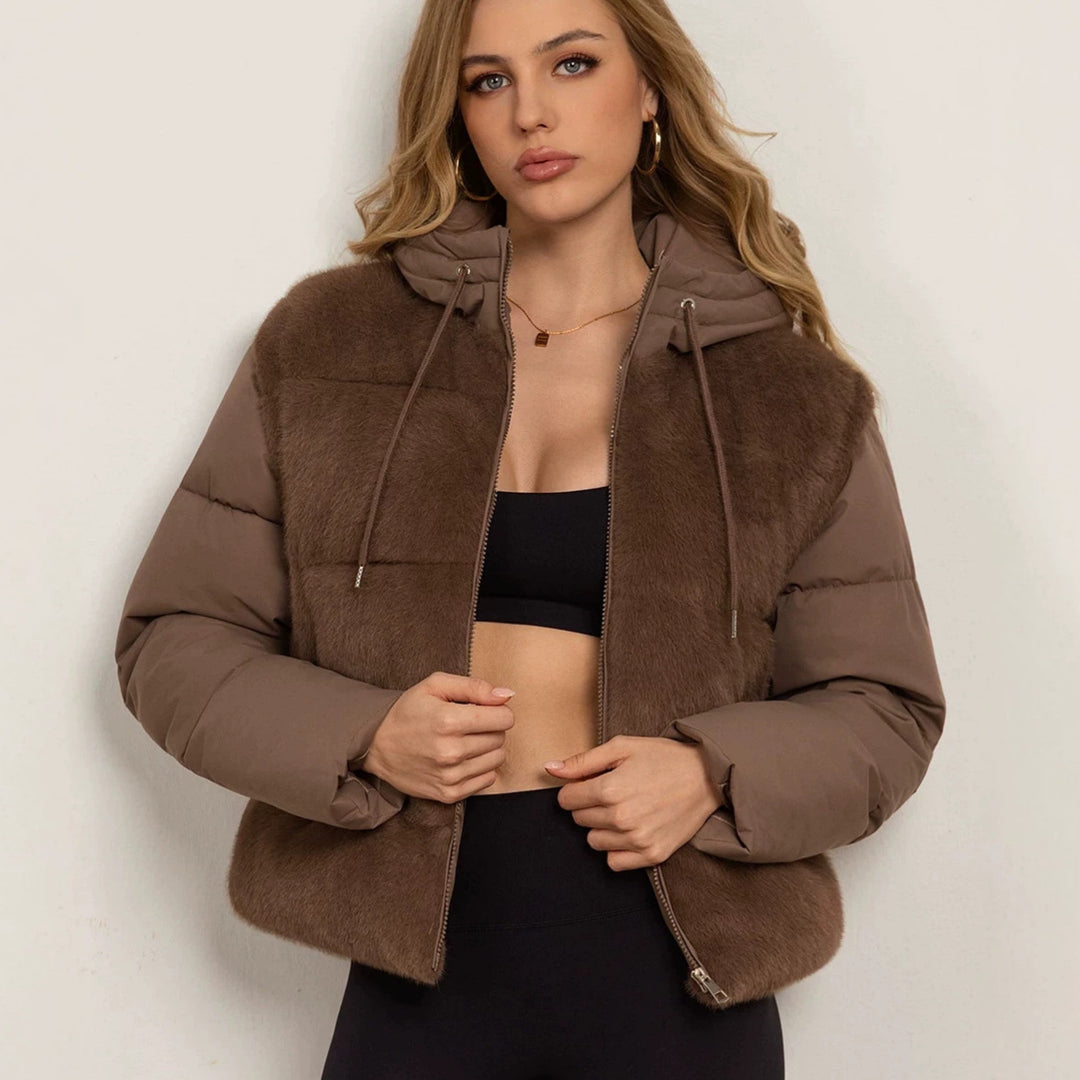 Damen Leichte wattierte Hybrid-Weste mit Teddyfront, abnehmbaren Ärmeln und Kordelkapuze Drune