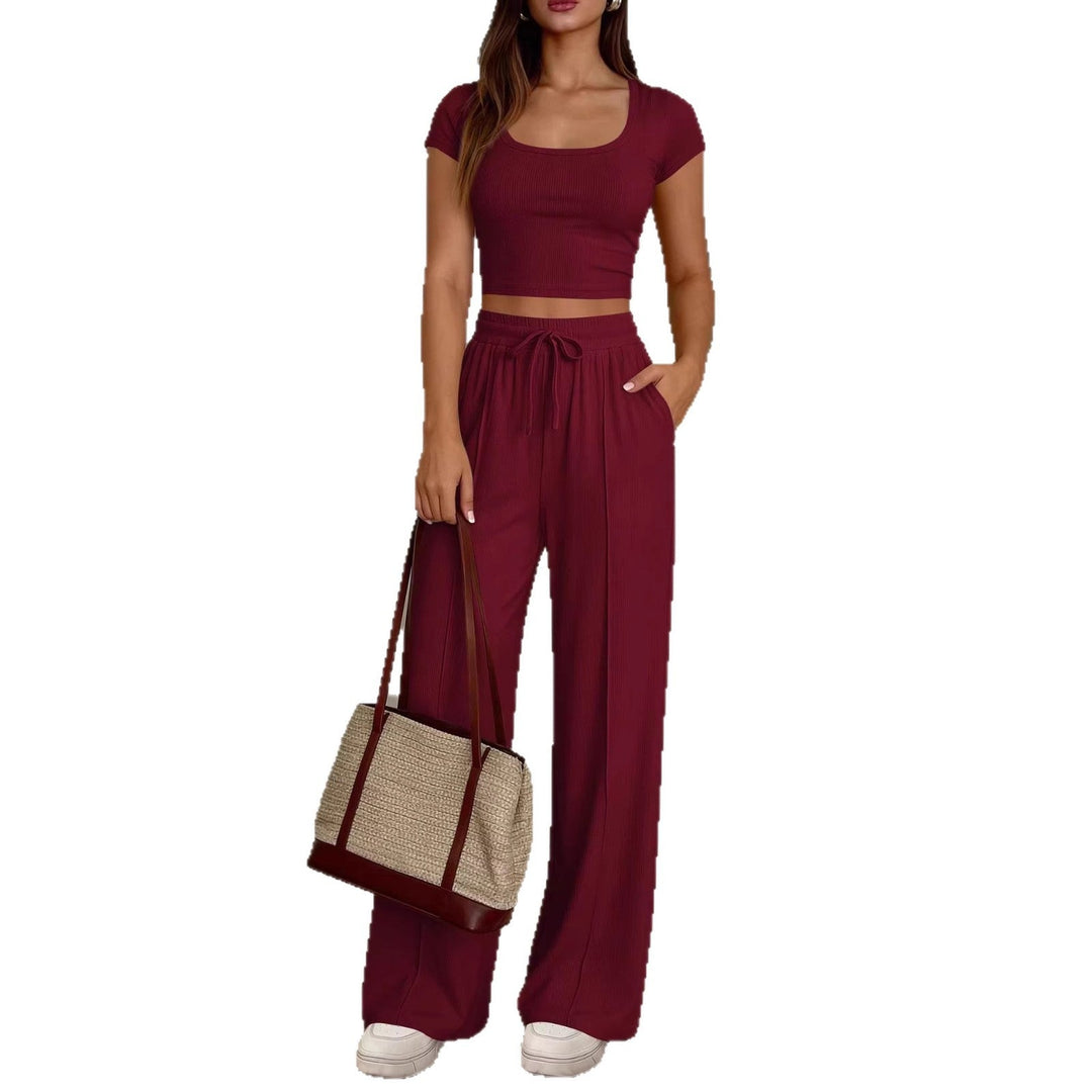 Damen lässiges Cropped-Top und weite Hose Set Drune