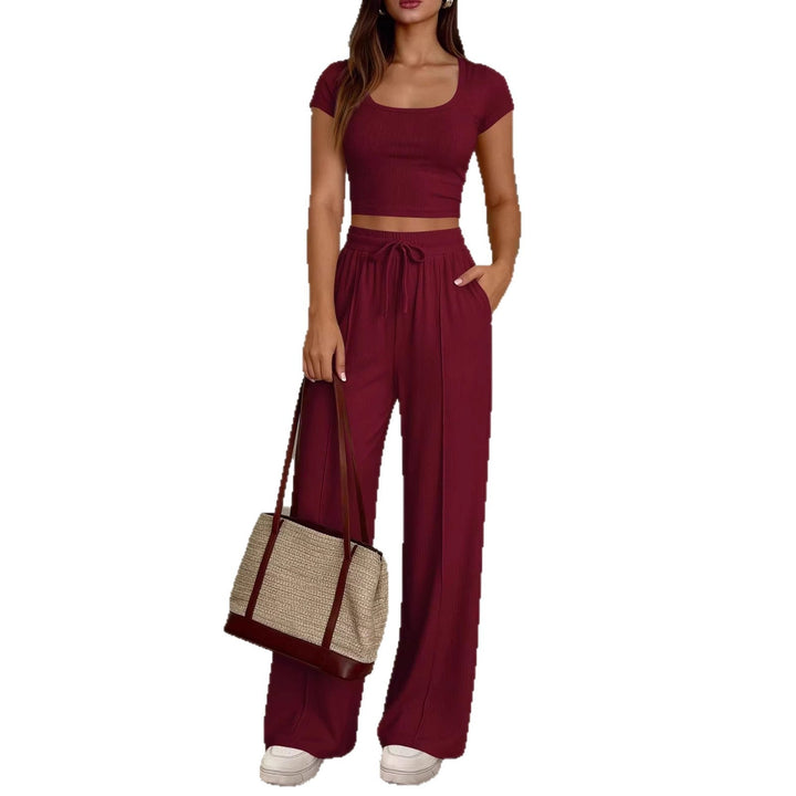 Damen lässiges Cropped-Top und weite Hose Set Drune