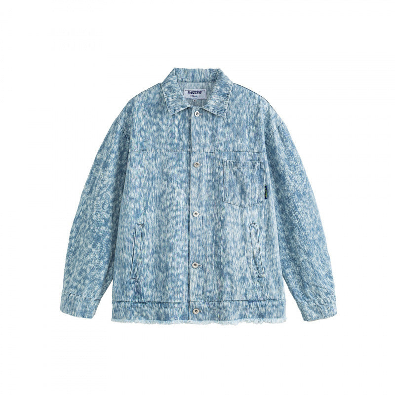 Unisex Boxy-Jeansjacke mit ausgefranstem Saum und strukturierter Waschung Drune