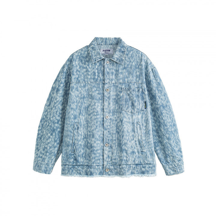 Unisex Boxy-Jeansjacke mit ausgefranstem Saum und strukturierter Waschung Drune