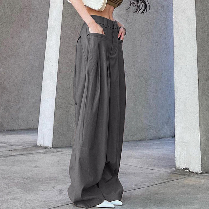 Damen nan hochtaillierte weite Bundfaltenhose mit Cargo‑Details, Gürtelschlaufen und geradem Beinschnitt Drune