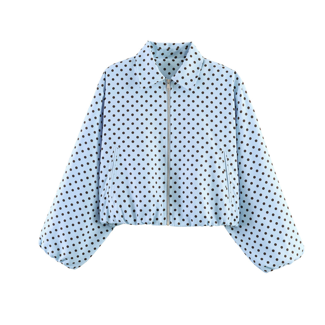 Damen Kurzjacke im Harrington‑Stil mit Polka‑Dot‑Muster, Ballonärmeln und elastischem Saum Drune