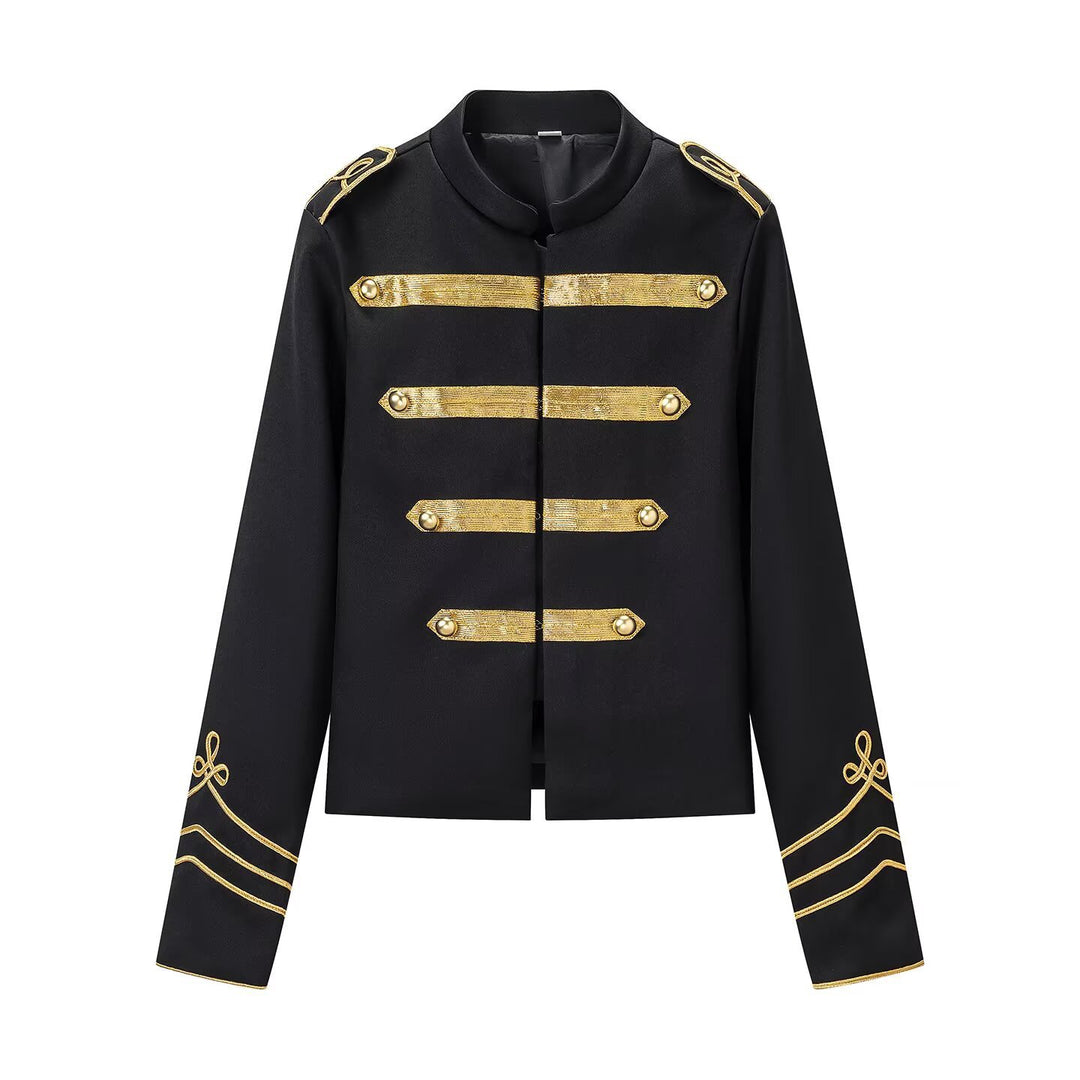 Damen militärinspirierte Kurzjacke mit Stehkragen und goldenen Galonborten Drune