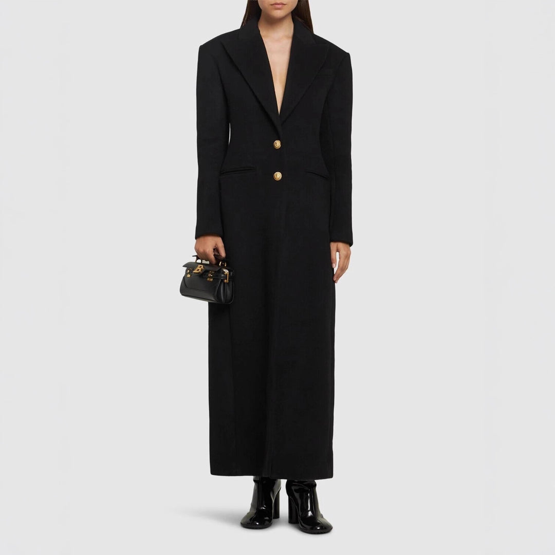 Damen Maxi-Mantelkleid mit markanter Schulterpartie und goldenen Zierknöpfen Drune