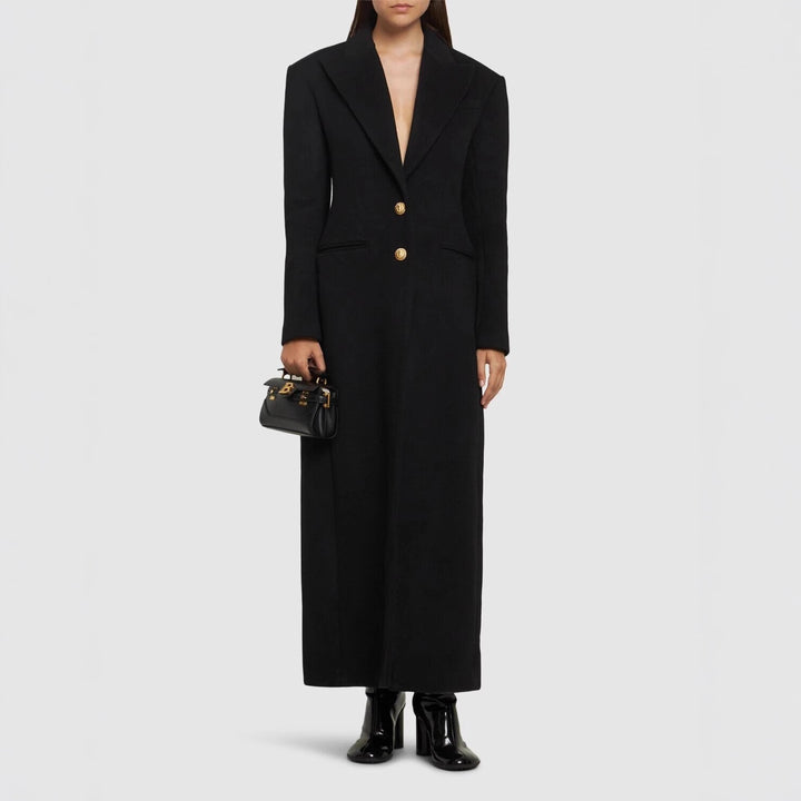 Damen Maxi-Mantelkleid mit markanter Schulterpartie und goldenen Zierknöpfen Drune