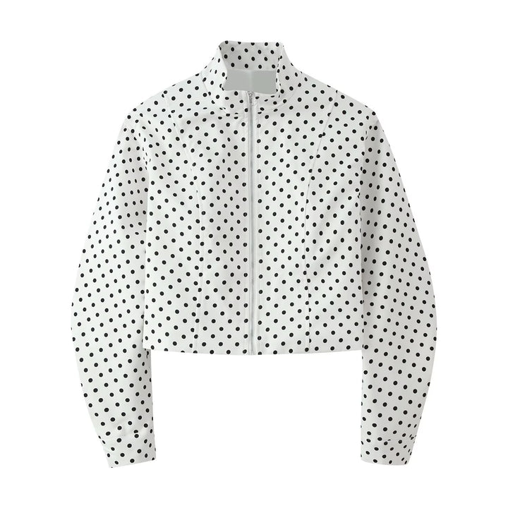 Damen Gepunktete Cropped-Übergangsjacke mit Stehkragen und Reißverschluss Drune