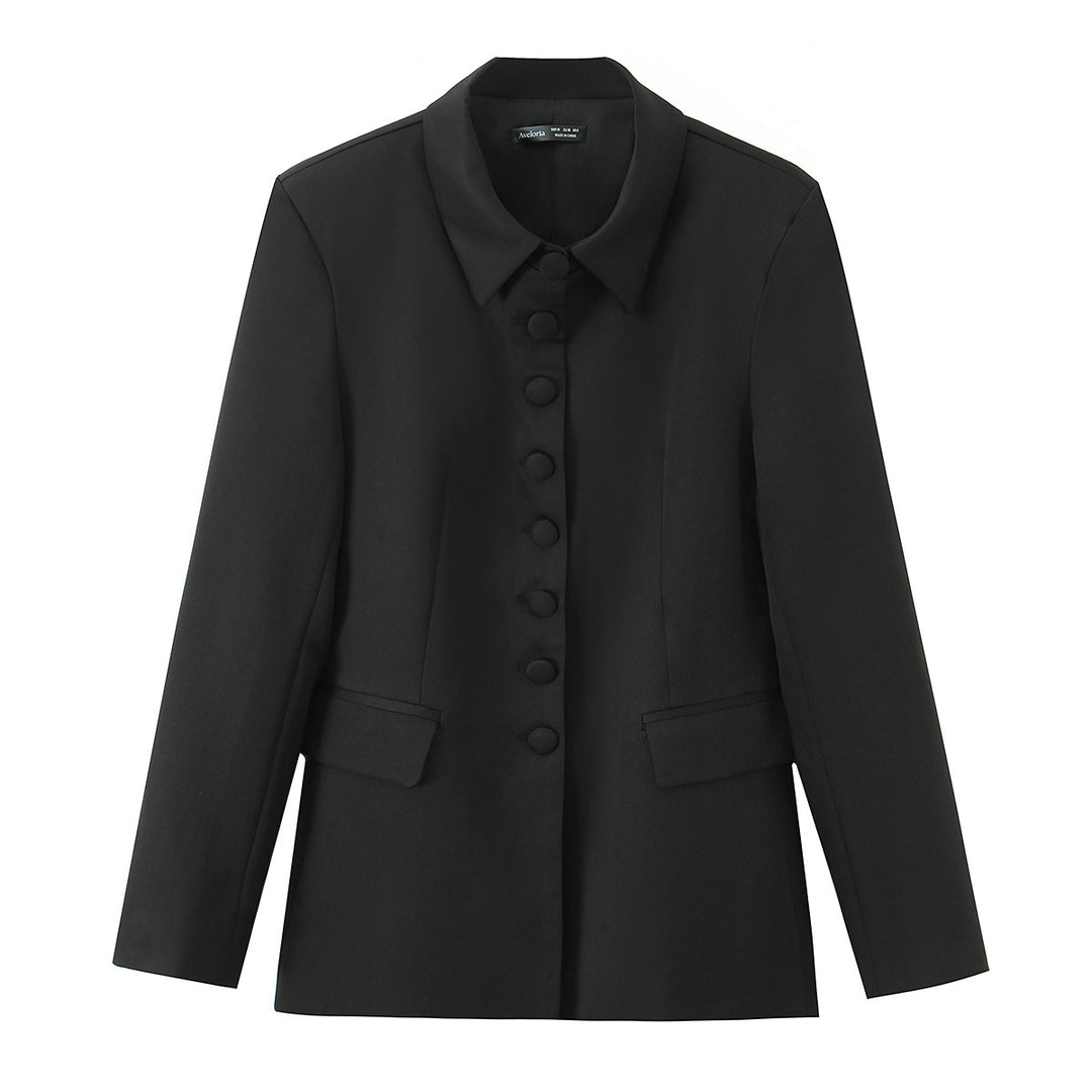 Damen nan taillierter Blazer mit durchgehender Knopfleiste verdeckten Stoffknöpfen und Pattentaschen Drune