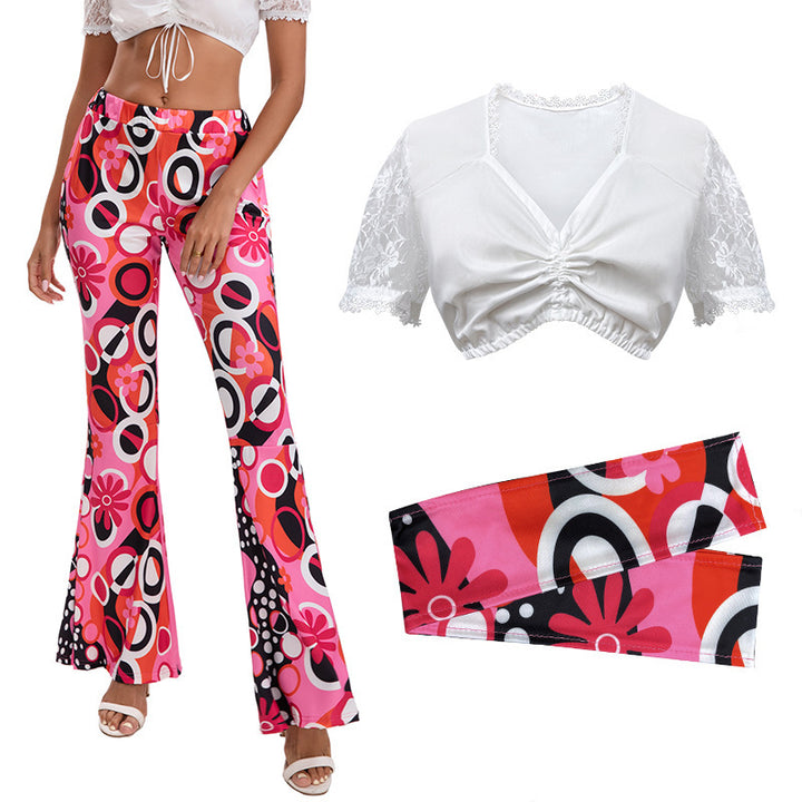 Damen nan Retro Schlaghose mit weitem Bein Blumenprint und Spitzen-Crop-Top Set Drune