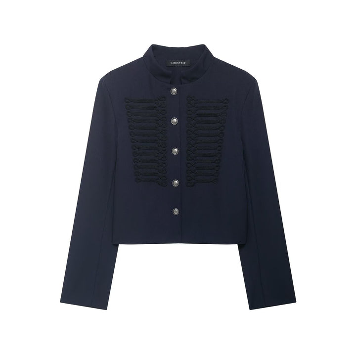 Damen Kurze Military Jacke mit Stehkragen, Zierkordeln und Metallknopfleiste Drune