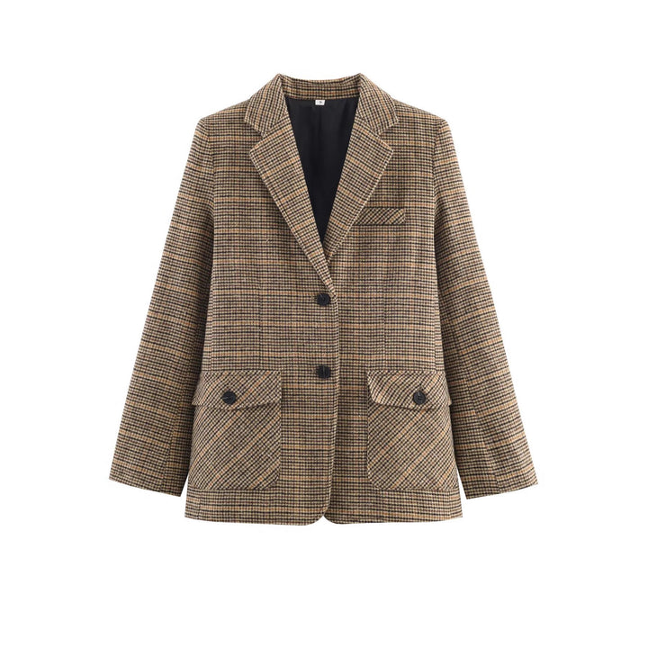Damen nan taillierter Glencheck-Blazer mit Reverskragen und aufgesetzten Pattentaschen Drune