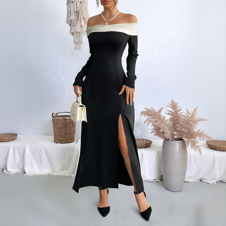 Damen Elegantes Off-Shoulder Maxikleid mit Rüschen und Hohem Schlitz Drune