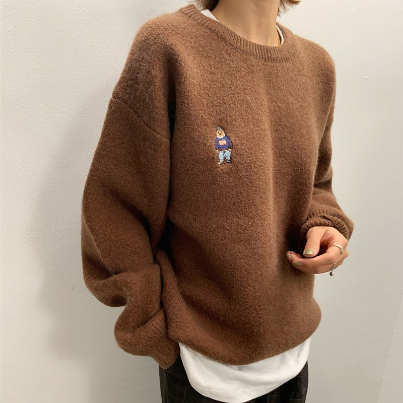 Damen Kuscheliger Basic Pullover mit niedlichem Stickmotiv Drune