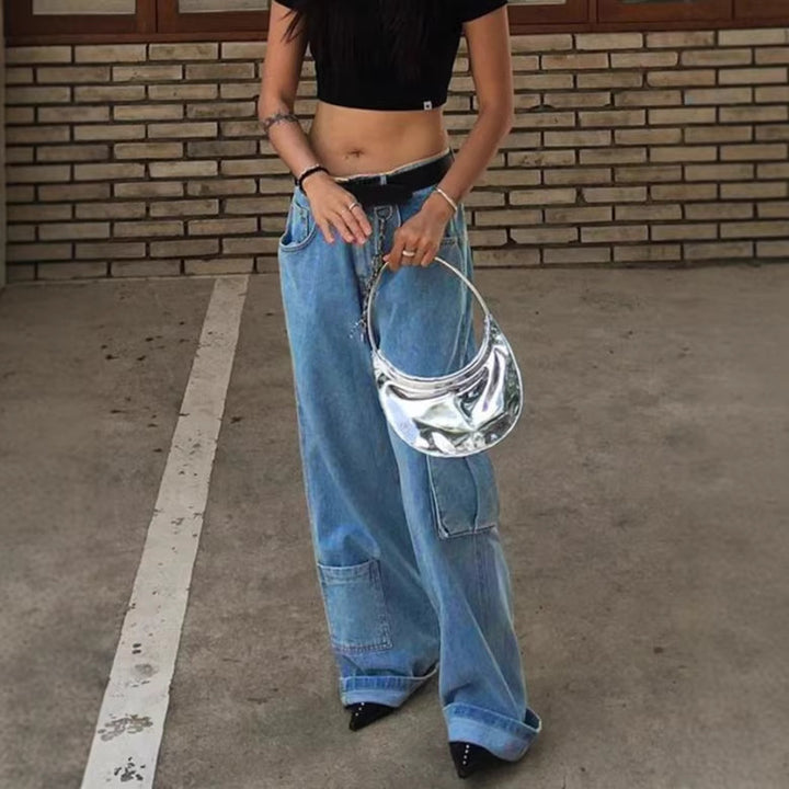 Damen Extraweite Baggy-Jeans mit Cargo-Patches und tiefem Bund Drune