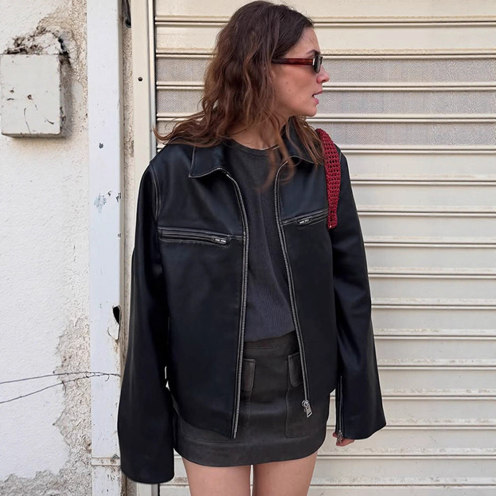 Damen Boxy-Lederimitatjacke mit zweifachem Reißverschluss und Brustzippern Drune