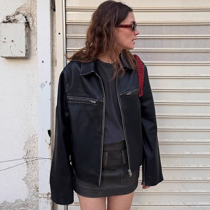 Damen Boxy-Lederimitatjacke mit zweifachem Reißverschluss und Brustzippern Drune
