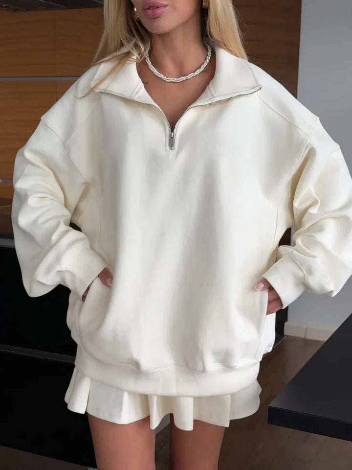 Damen Oversized Sweatkleid mit halbem Reißverschluss und Stehkragen Drune