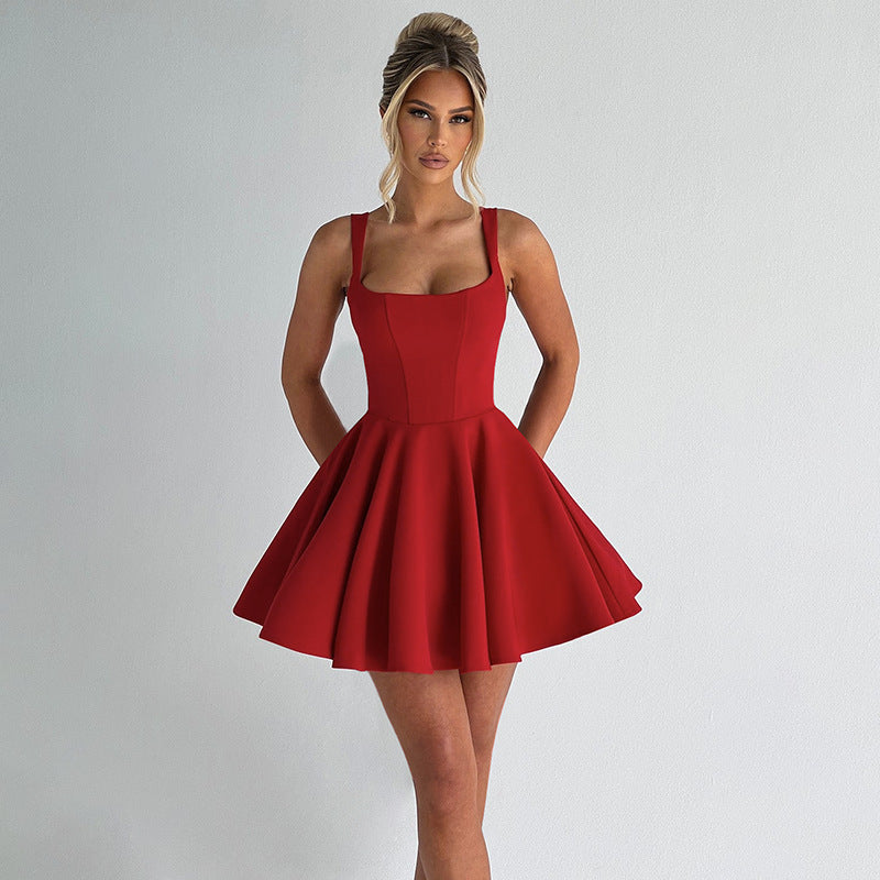 Damen zeitloses A-Linien Kleid mit Spaghetti-Trägern und schwingendem Rock Drune