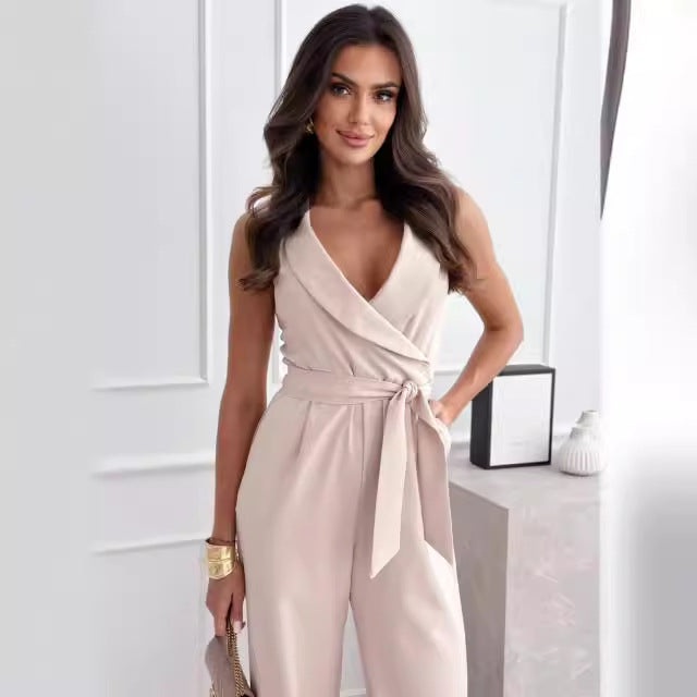 Damen eleganter Jumpsuit mit Wickeldesign und weitem Bein Drune