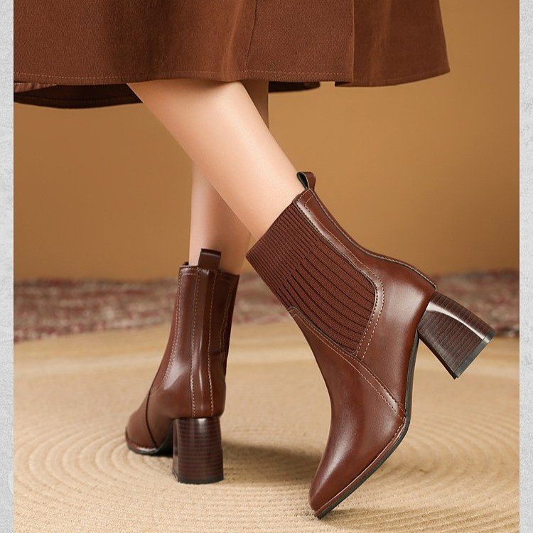 Damen Elegante Chunky Stiefeletten mit Strick-Einsatz Drune
