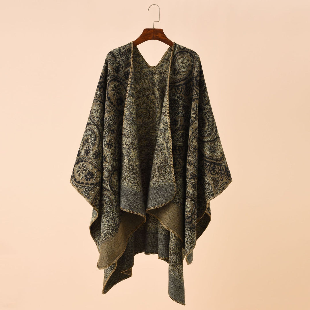 Damen Paisley-Jacquard-Capeponcho aus Wollmix mit Zierkettelnaht Drune