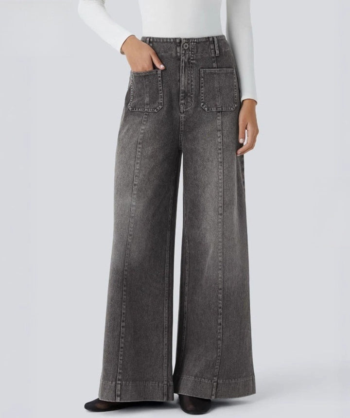 Damen nan hochgeschnittene Jeans-Palazzohose mit weitem Bein und aufgesetzten Fronttaschen Drune