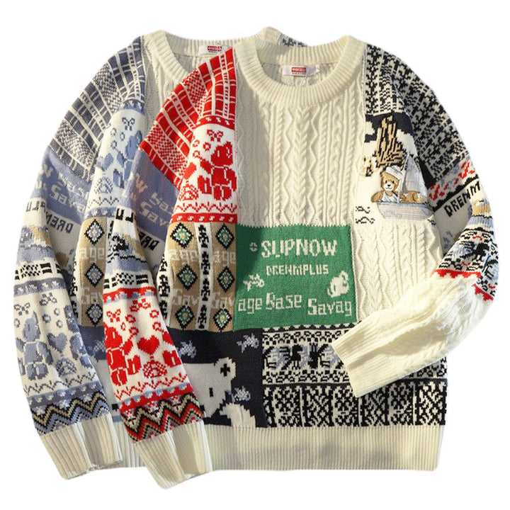 Herren Gemütlicher Grobstrickpullover mit buntem Patchwork Drune