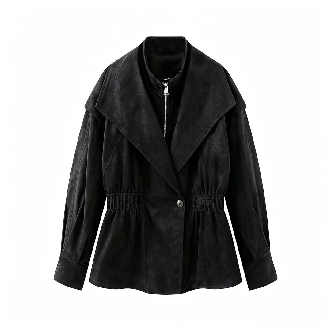 Damen Taillierte Jacke in Wildlederoptik mit großem Schalkragen, Reißverschluss und geraffter Taille Drune