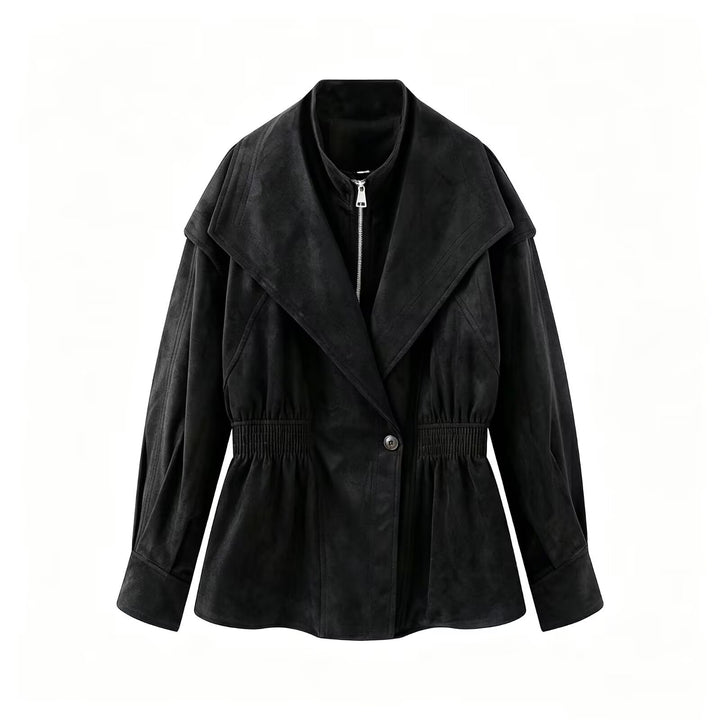 Damen Taillierte Jacke in Wildlederoptik mit großem Schalkragen, Reißverschluss und geraffter Taille Drune