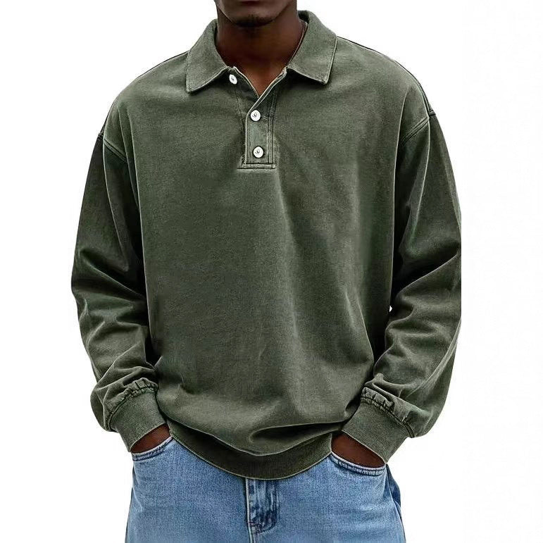 Herren nan lässiges Poloshirt-Sweatshirt mit Kragen, Vintage-Waschung und dreiteiliger Knopfleiste Drune