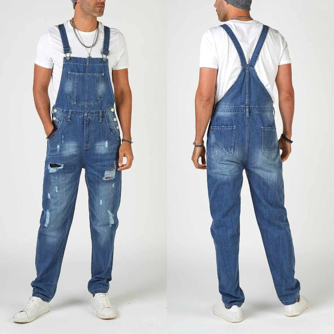 Herren Jeans-Latzhose aus gewaschenem Denim mit Rissdetails