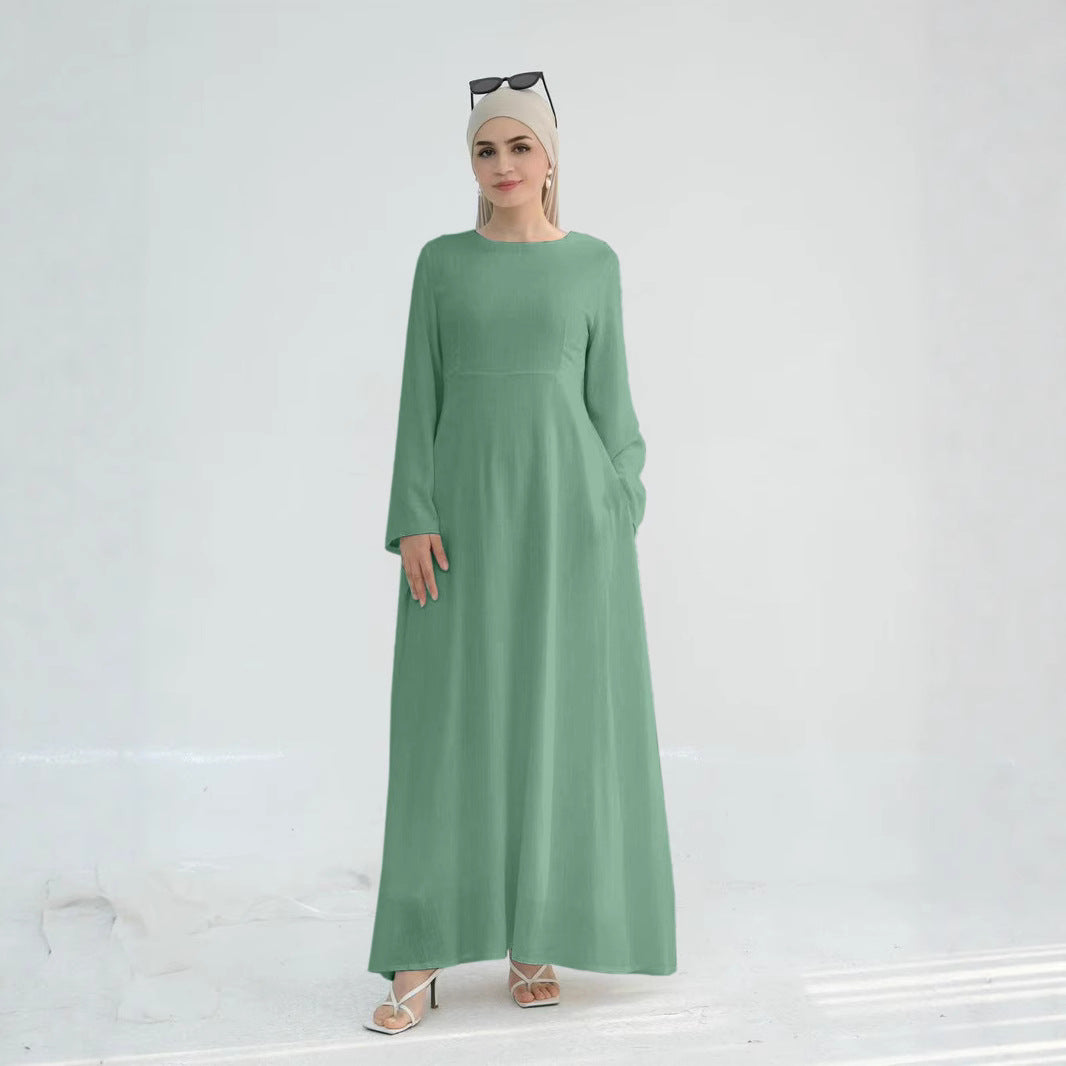 Damen elegantes Maxikleid mit langen Ärmeln und seitlichen Taschen Drune