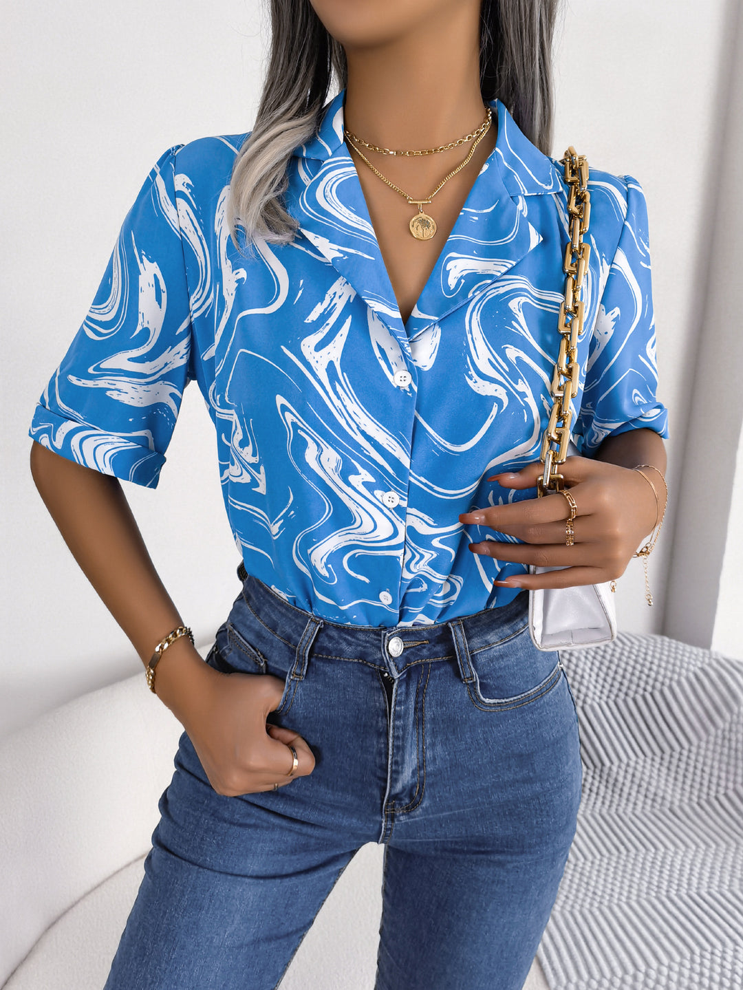 Damen Kurzärmlige Bluse mit modernem Marmor-Muster Drune