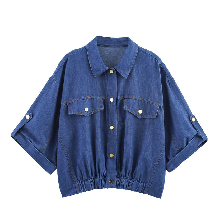 Damen lässiges Denim-Set mit Crop-Bluse und elastischen Hosen Drune