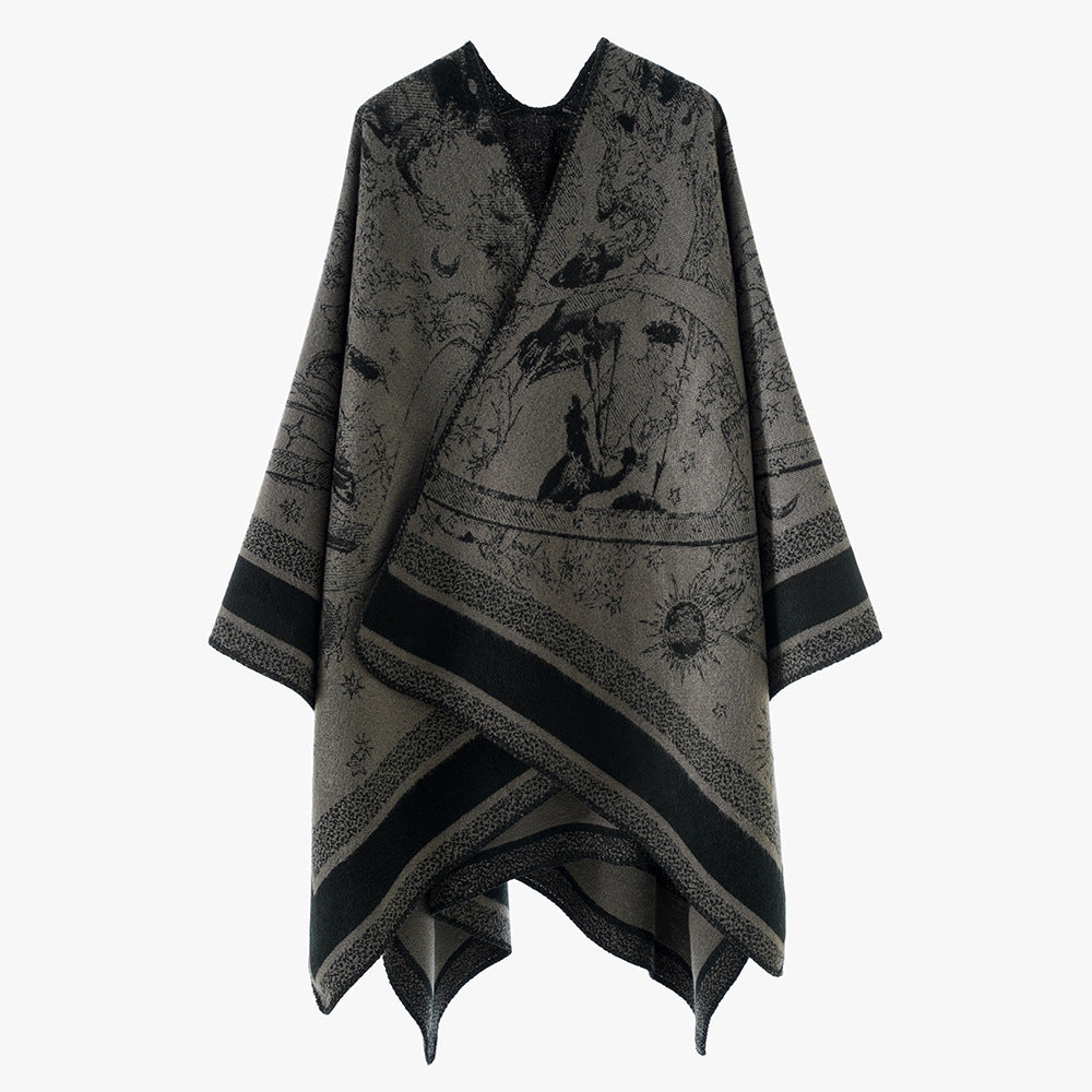 Damen Oversize-Jacquard-Capeponcho aus Wollmix mit V-Ausschnitt und himmlischem Motiv Drune